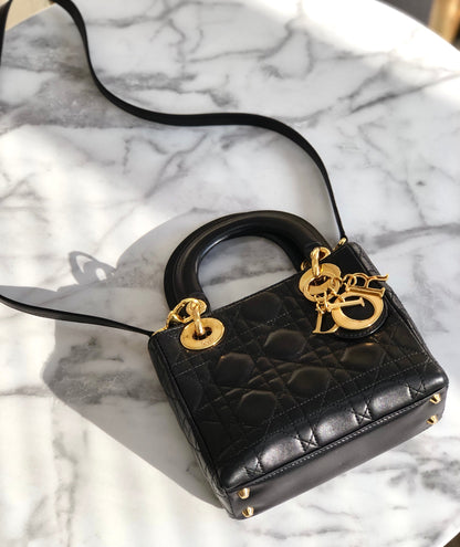 Christian Dior Cannage Lady dior Leather Small Handbag Shoulder bag Black 7tgg5g
