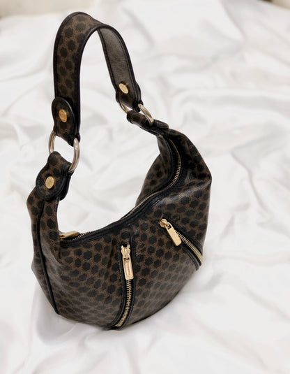 CELINE Macadam  Front zip Shoulder bag Hobobag Black Vintage Old 5hcxy3
