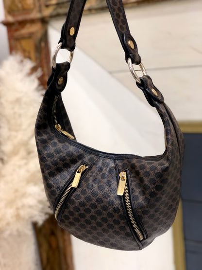 CELINE Macadam  Front zip Shoulder bag Hobobag Black Vintage Old 5hcxy3