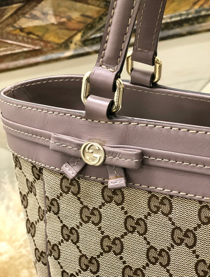 GUCCI GG帆布標誌緞帶皮革帆布MAYFAIR 257061手提包米色薰衣草灰色復古oldgucci tdg5wh