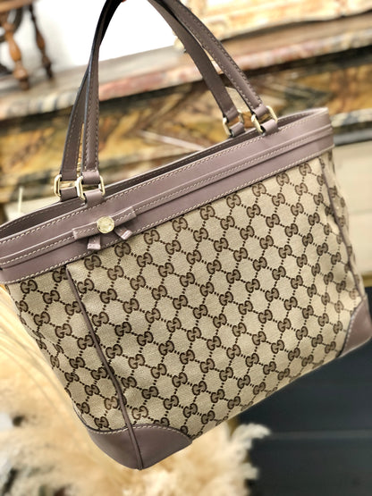 GUCCI GG帆布標誌緞帶皮革帆布MAYFAIR 257061手提包米色薰衣草灰色復古oldgucci tdg5wh