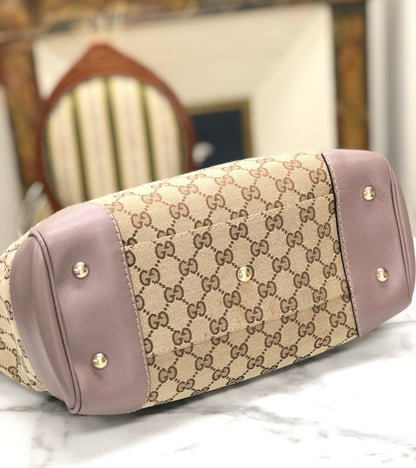 GUCCI GG帆布標誌緞帶皮革帆布MAYFAIR 257061手提包米色薰衣草灰色復古oldgucci tdg5wh