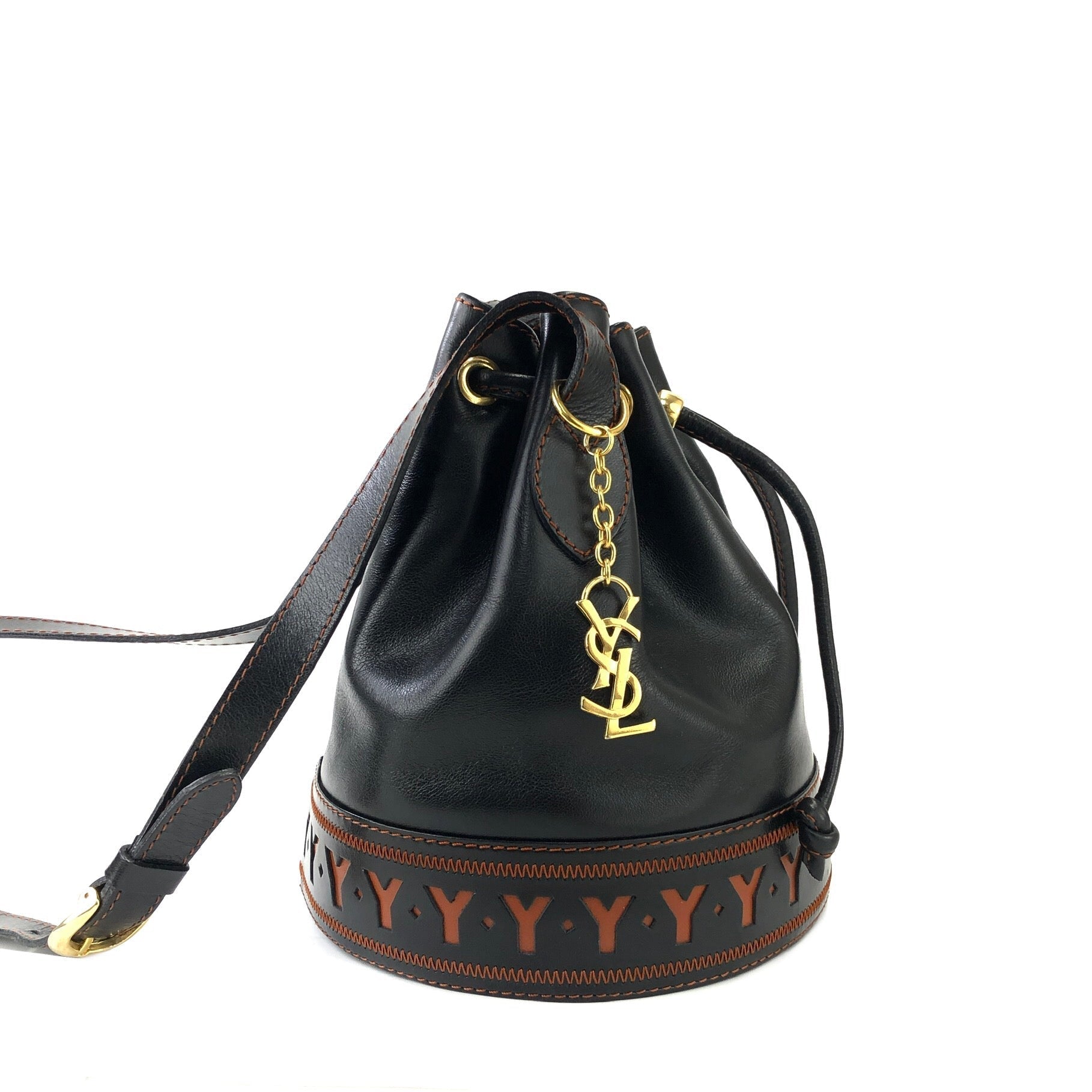 Yves Saint Laurent Logo Y Cut out Drawstring Shoulder bag Black 