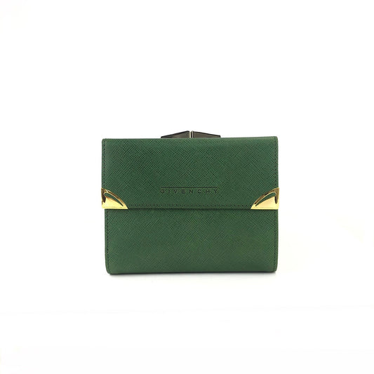 GIVENCHY Logo embossed Leather Compact wallet Coin purse Green Vintage Old w7aseh