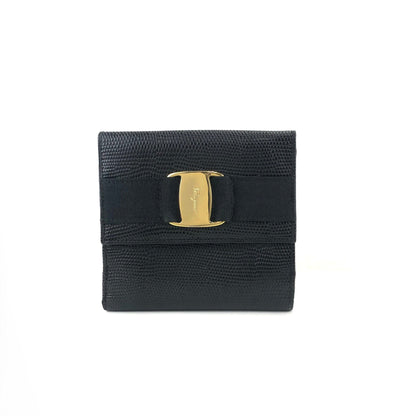 Salvatore Ferragamo Vala ribbon Lizard Mini Wallet Coin purse Black Vintage Old 8znjzn