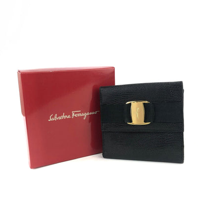 Salvatore Ferragamo Vala ribbon Lizard Mini Wallet Coin purse Black Vintage Old 8znjzn