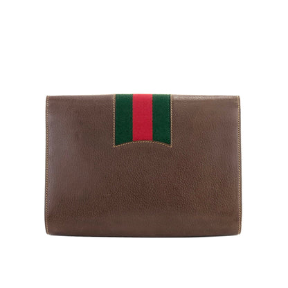 GUCCI Sherry Line Front Belt Leather Clutch Bag Brown Green Vintage Old Gucci eprxvx