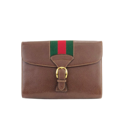 GUCCI Sherry Line Front Belt Leather Clutch Bag Brown Green Vintage Old Gucci eprxvx