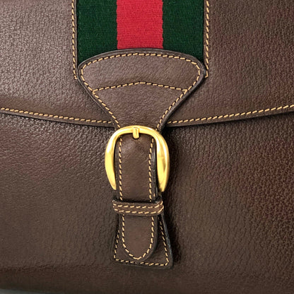 GUCCI Sherry Line Front Belt Leather Clutch Bag Brown Green Vintage Old Gucci eprxvx