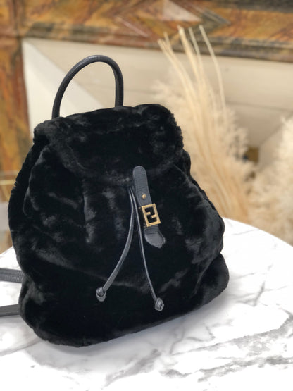 FENDI FF logo Fur Drawstring Backpack Black Vintage Old 28gkdv