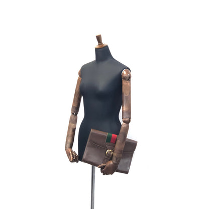 GUCCI Sherry Line Front Belt Leather Clutch Bag Brown Green Vintage Old Gucci eprxvx