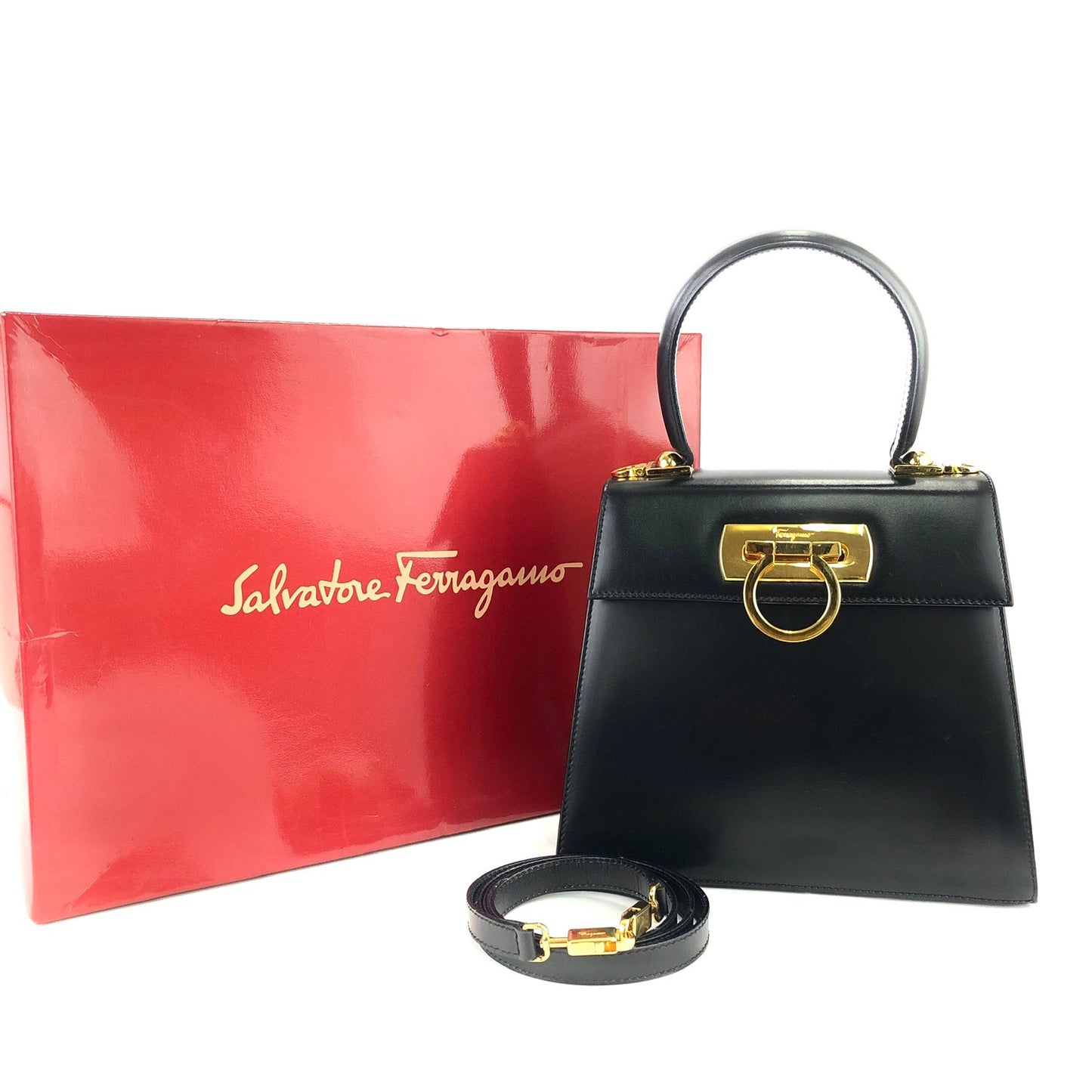 Salvatore Ferragamo Gancini 2Way Top handle Handbag Shoulder bag Black Vintage Old 5bnsnc