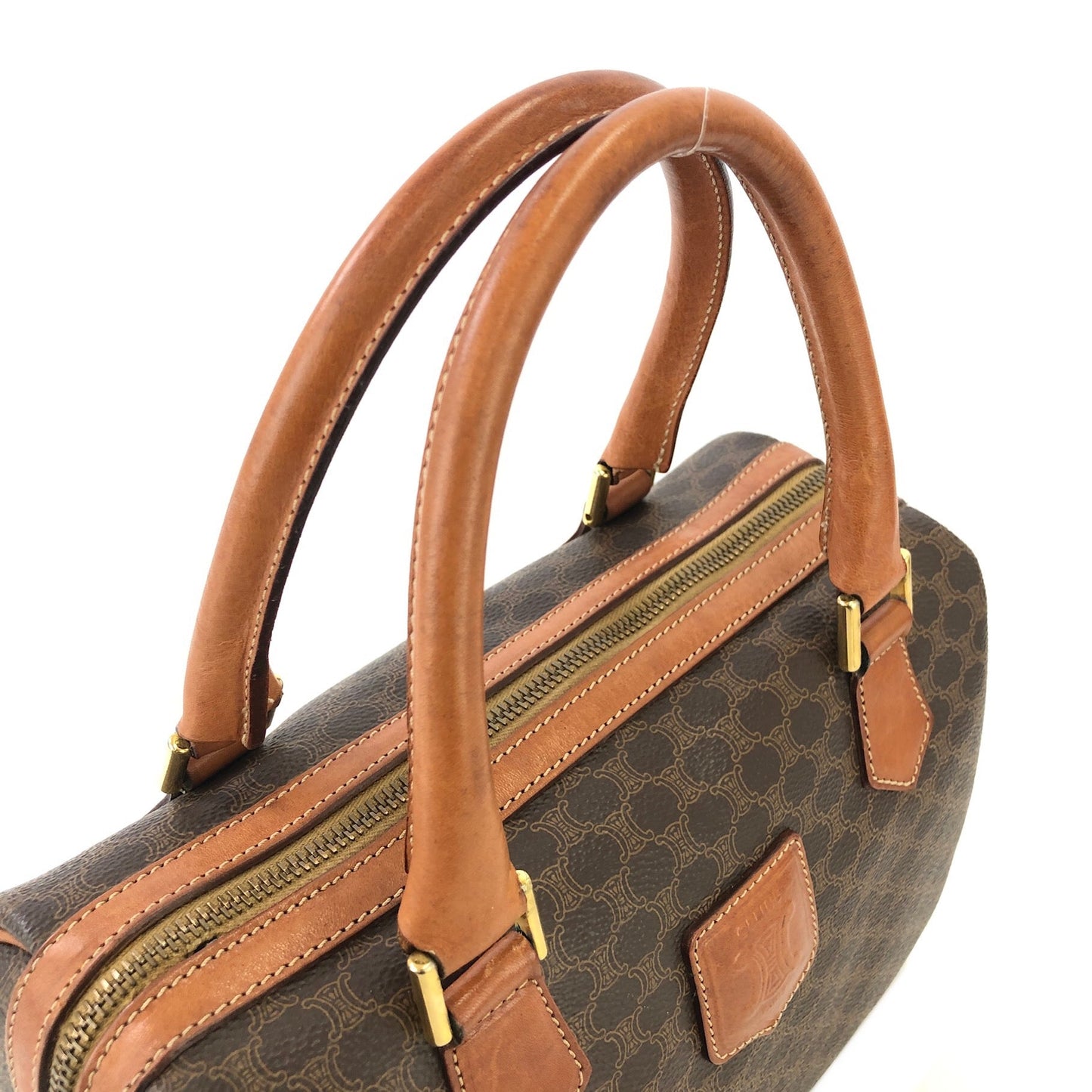 CELINE Macadam Blason Embossed Boston bag Handbag Brown Vintage Old Celine rjmyxe