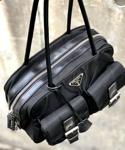 PRADA Triangle logo Double pocket Nylon Shoulder bag handbag Black Vintage Old icjnth