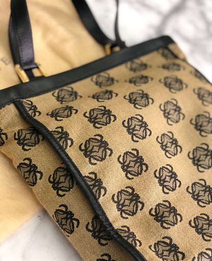 LOEWE Anagram Leather Canvas Handbag Brown Black Vintage Old jsd3j3