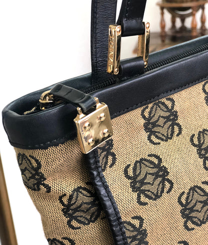 LOEWE Anagram Leather Canvas Handbag Brown Black Vintage Old jsd3j3