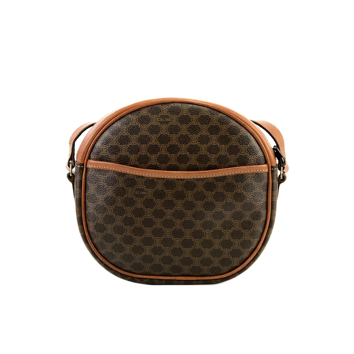 CELINE Macadam Blason Front Zip PVC Leather Round Circle Pochette Shoulder Bag Brown Vintage Old Celine r7d6wk