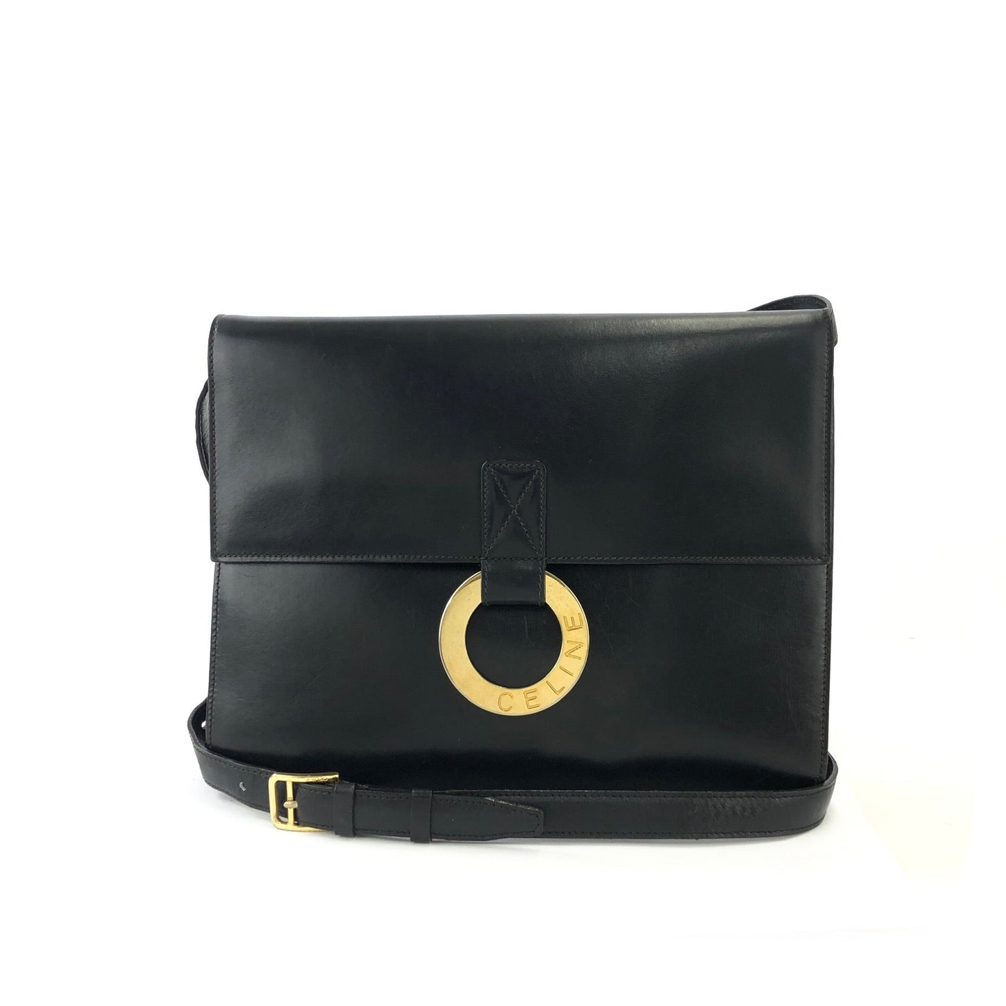 CELINE Circle logo Leather Shoulder bag Black Vintage Old Celine 38dgea