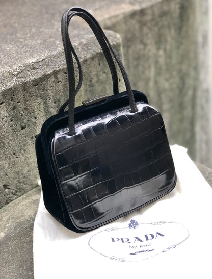 PRADA Crocodile emboss Leather Velour Purse bag Handbag Black Vintage sx2vcj