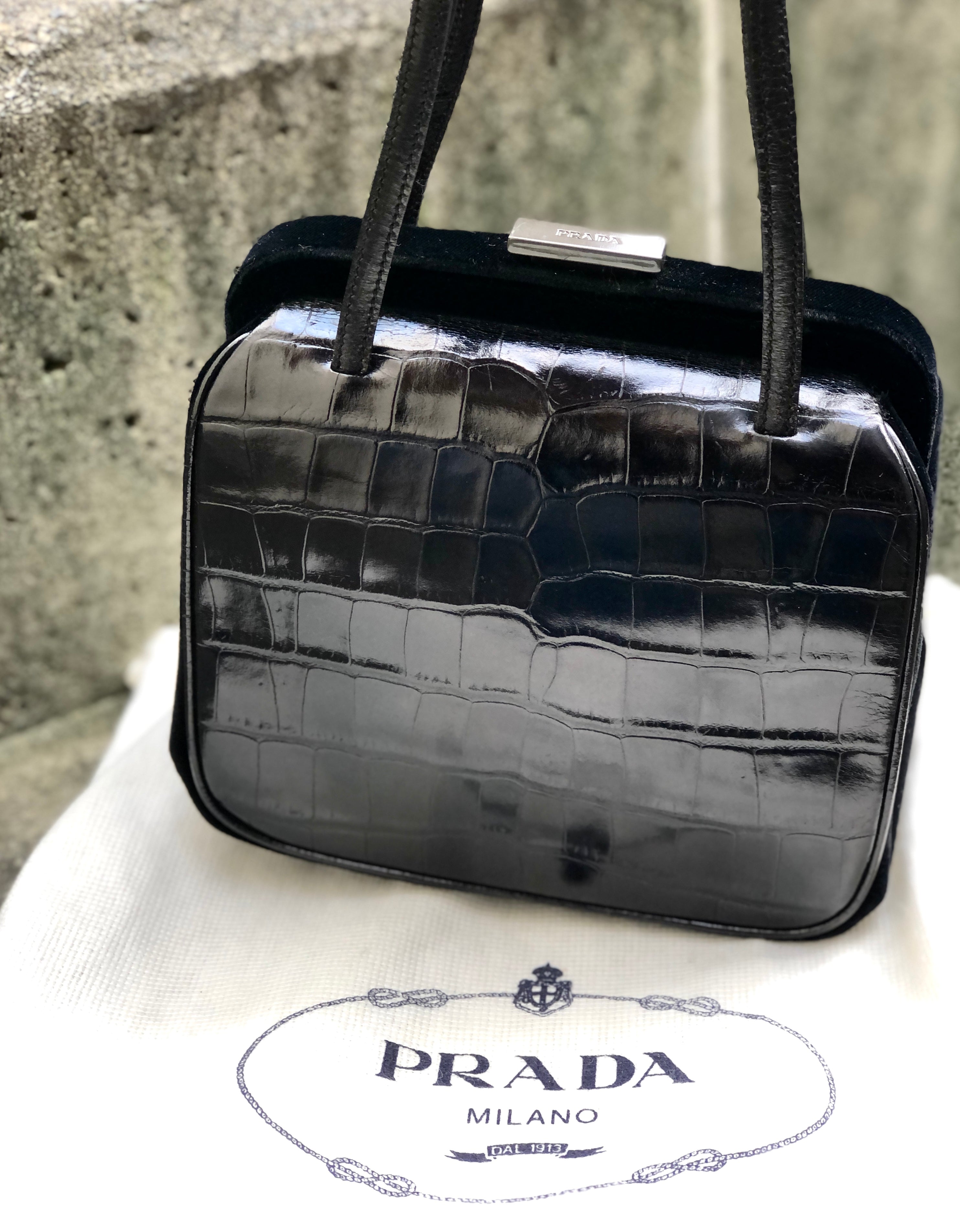 PRADA Crocodile emboss Leather Velour Purse bag Handbag Black Vintage sx2vcj