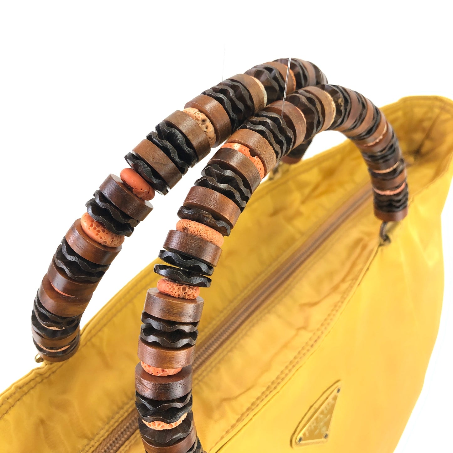 PRADA logo nylon wood beads coral handle handbag yellow vintage zcbfxe