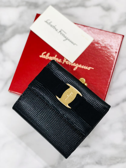 Salvatore Ferragamo Vala ribbon Lizard Mini Wallet Coin purse Black Vintage Old 2ufehp