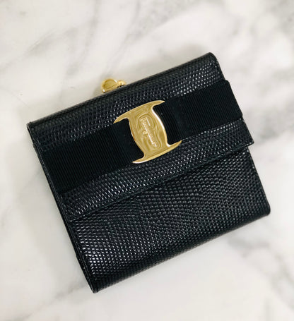 Salvatore Ferragamo Vala ribbon Lizard Mini Wallet Coin purse Black Vintage Old 2ufehp