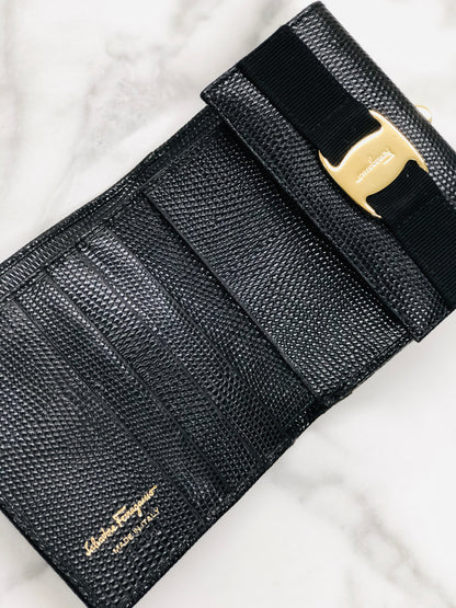 Salvatore Ferragamo Vala ribbon Lizard Mini Wallet Coin purse Black Vintage Old 2ufehp