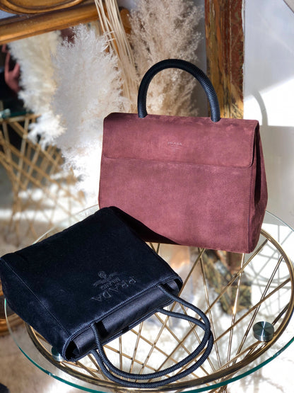 PRADA Logo Embroidery Satin Handbag Black Vintage Old r5nh3r