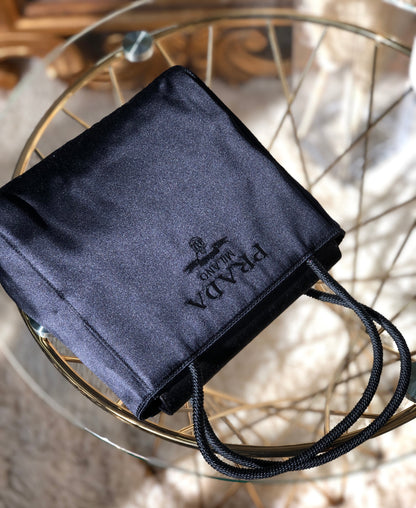 PRADA Logo Embroidery Satin Handbag Black Vintage Old r5nh3r