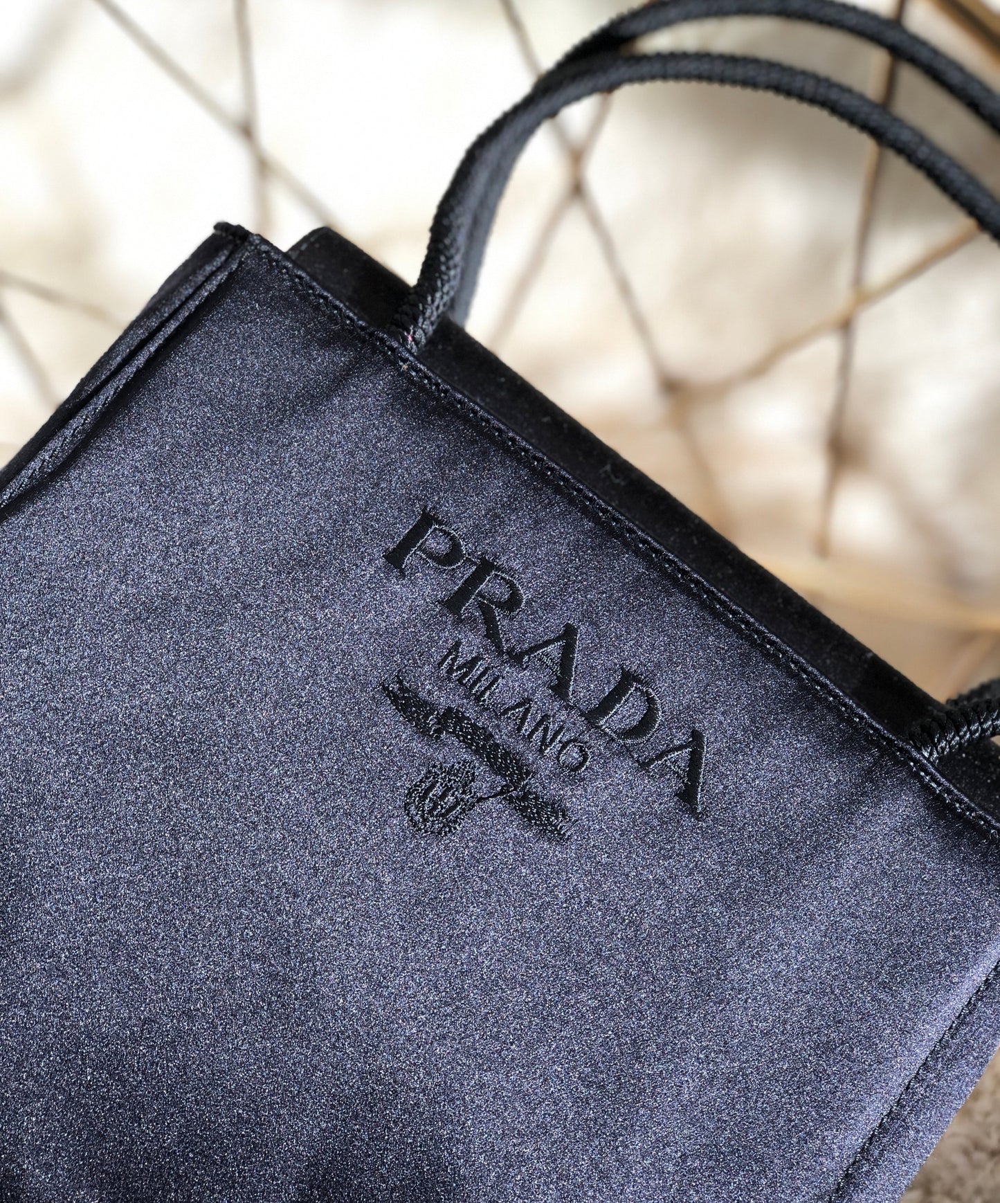 PRADA Logo Embroidery Satin Handbag Black Vintage Old r5nh3r