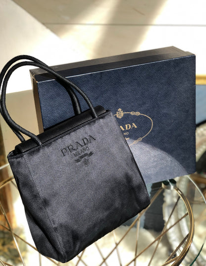 PRADA Logo Embroidery Satin Handbag Black Vintage Old r5nh3r