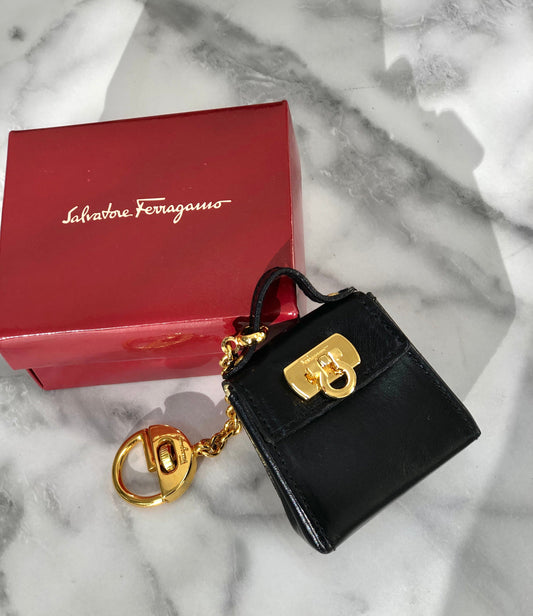 Salvatore Ferragamo Gancini Bag Charm Keychain Black Vintage ccs7ab