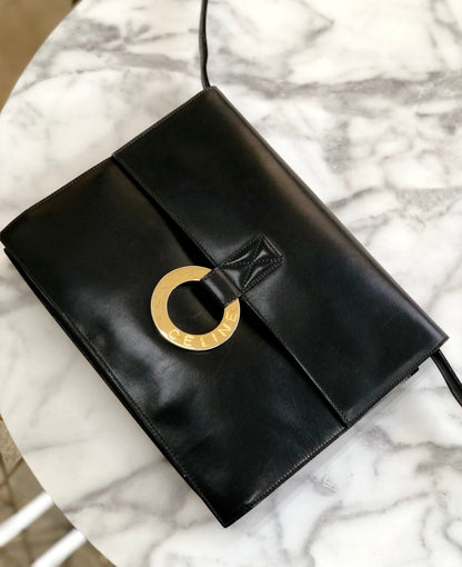 CELINE 圓形標誌皮革肩背包黑色復古舊款 Celine 38dgea