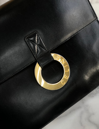 CELINE 圓形標誌皮革肩背包黑色復古舊款 Celine 38dgea