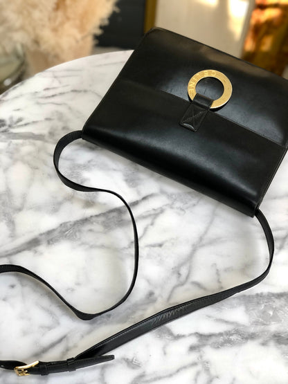 CELINE 圓形標誌皮革肩背包黑色復古舊款 Celine 38dgea