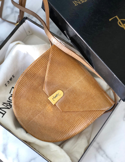 Yves Saint Laurent YSL logo Lizard Round Shoulder bag Brown Vintage Old nzn55d