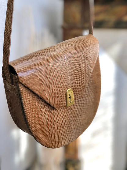 Yves Saint Laurent YSL logo Lizard Round Shoulder bag Brown Vintage Old nzn55d