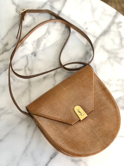 Yves Saint Laurent YSL logo Lizard Round Shoulder bag Brown Vintage Old nzn55d