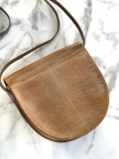 Yves Saint Laurent YSL logo Lizard Round Shoulder bag Brown Vintage Old nzn55d