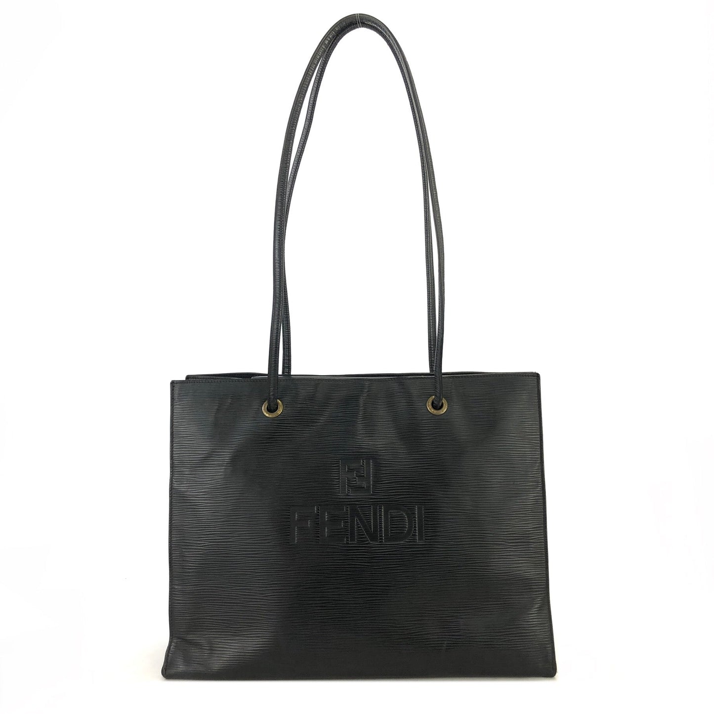 FENDI Logo Embossed leather Totebag Shoulder bag Black Vintage Old az6uas