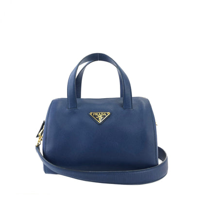PRADA Triangle logo Saffiano leather Boston bag Crossbody Shoulder bag Blue Vintage mghj7s