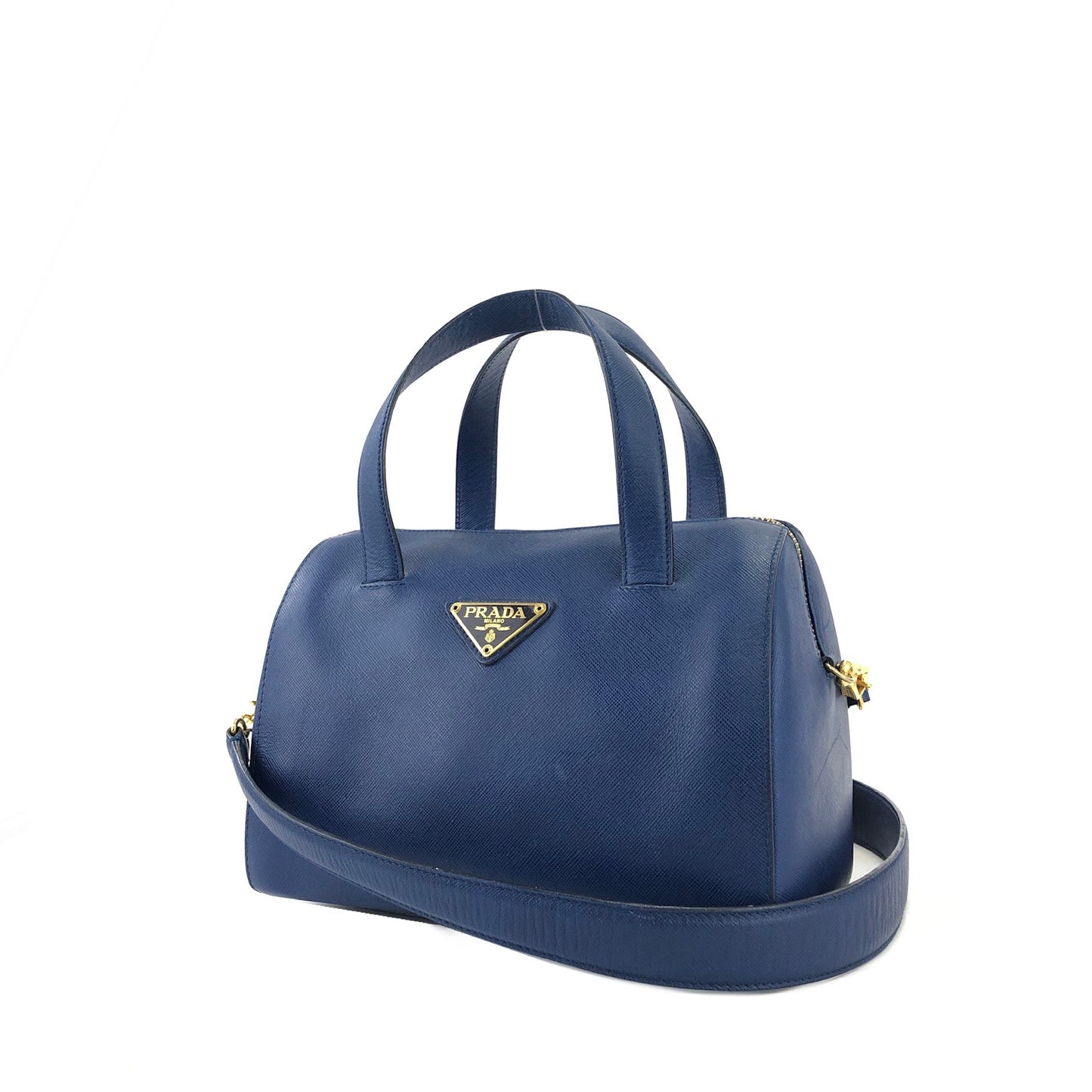 PRADA Triangle logo Saffiano leather Boston bag Crossbody Shoulder bag Blue Vintage mghj7s