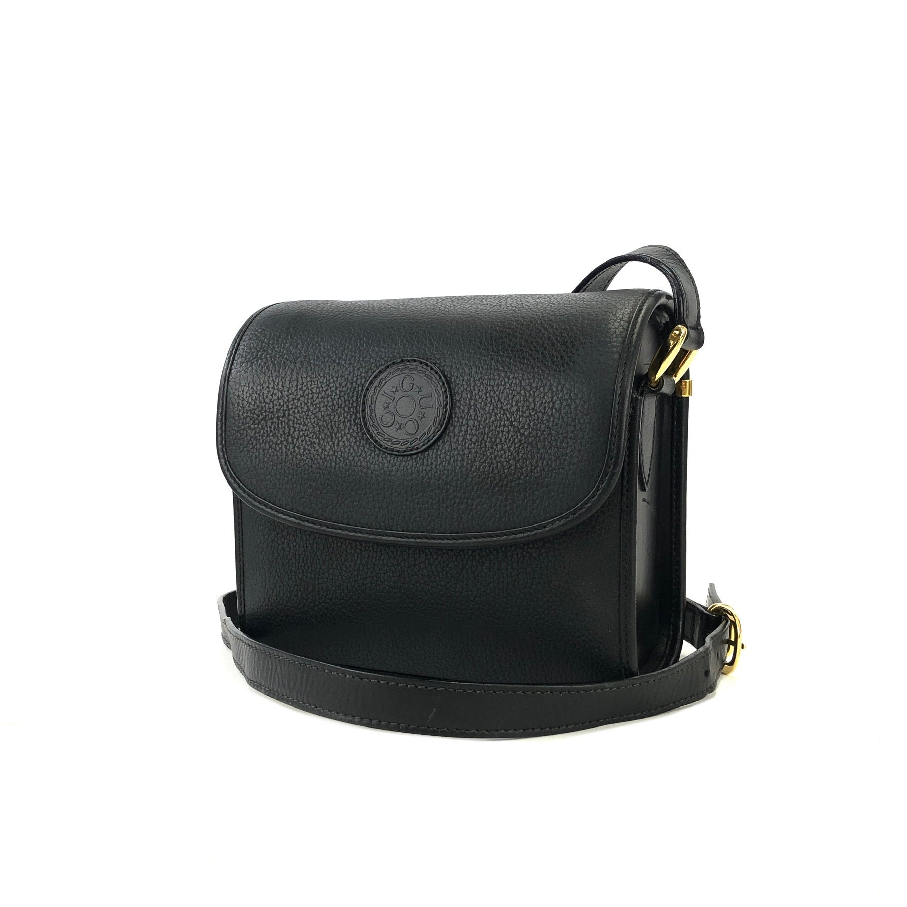 80's Vintage Gucci black leather clutch shoulder bag with logo