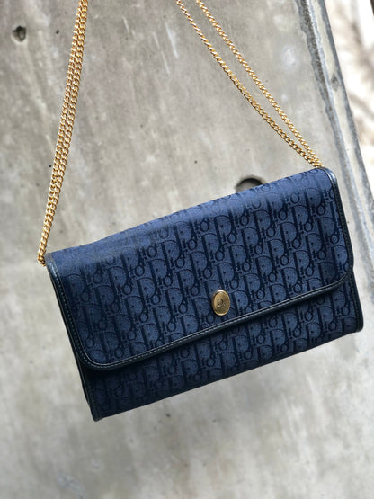 Christian Dior Logo Trotter 提花鏈斜背包 海軍藍 復古 舊款 vdbnun