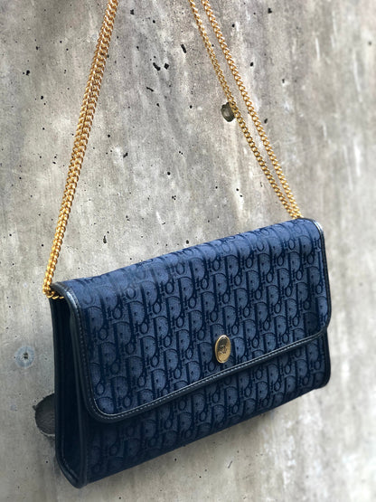 Christian Dior Logo Trotter 提花鏈斜背包 海軍藍 復古 舊款 vdbnun