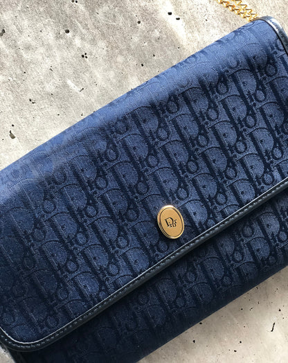 Christian Dior Logo Trotter 提花鏈斜背包 海軍藍 復古 舊款 vdbnun