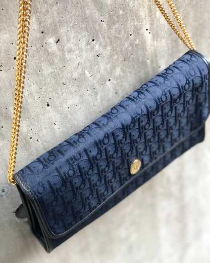 Christian Dior Logo Trotter 提花鏈斜背包 海軍藍 復古 舊款 vdbnun