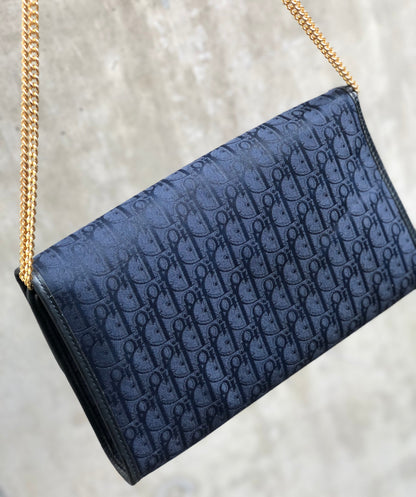 Christian Dior Logo Trotter 提花鏈斜背包 海軍藍 復古 舊款 vdbnun
