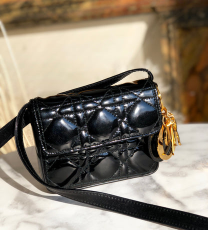 Christian Dior Cannage Lady dior Patent leather Crossbody Small Shoulder bag Black 8xicb6